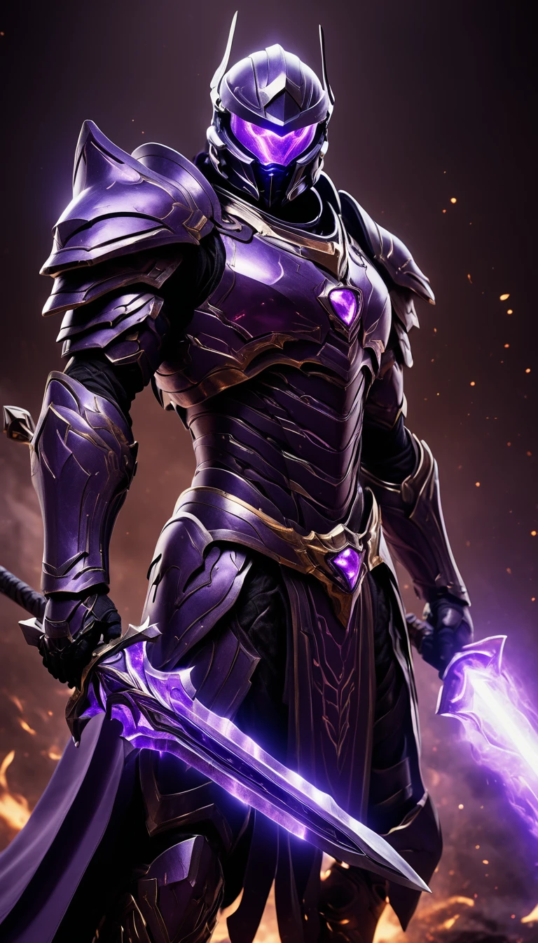 Masterpieces, male, Black Knight, (Black armor) Action style shot, (no undercloth), Glowing purple colored gem on breastplate, (Battle Priest in a warframe and halo style armor wielding a sword with radiant purple light, emanating potent purple light magic.), (purple half cape), (action shot: hefting a sword), (black, purple and silver color scheme), (5 purple gems on belt), (purple fire effects), white and purple tabard (solid gold color background), (purple fire background effects), centered, full body shot fighting, sci-fi knight, Halo master chief, vibrant colors, visible figure joints, cinematic shot, volumetric lighting, intricate pattern detail, highly detailed