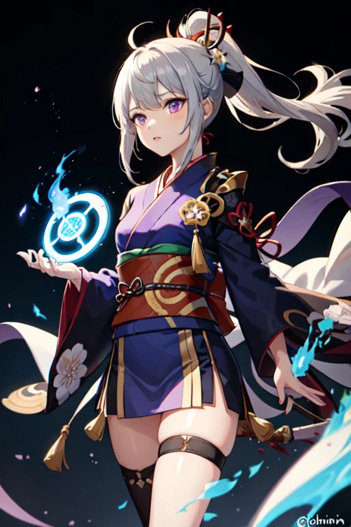 One girl, kimono, ponytail ,Gray Hair, Purple eyes, magic circle, Blue Fire, Blue Flame, wallpaper, landscape, Blood, Blood splatter, Depth of written boundary, night, Particles of light, light, Side light, Thighs, destiny \(series\), Genshin Impact, Open jacket, skirt, Knee socks, cloud