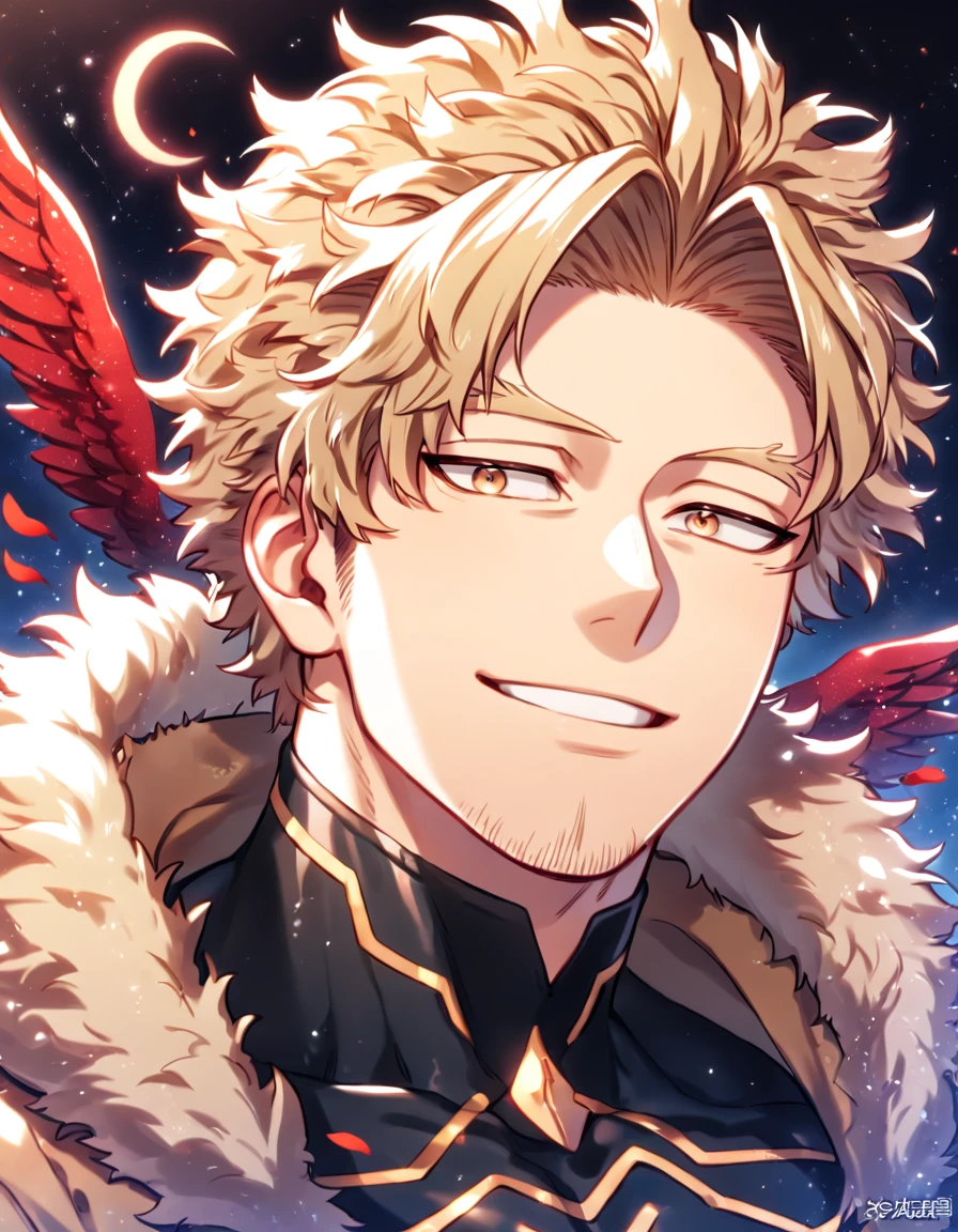 absurdres, highres, ultra detailed, HDR, master piece, Hawks, ash blond hair, expressive golden-brown eyes, faint stubble, red wings, brown coat with fur, black tight shirt, Boku No Hero Academia, black gloves, sexy man, handsome, best quality, red glittering crescent moon, red flowers, fantasy, magical, solo, water, red shining fireflies, red petals, sensual, horny, manly man, handsome smile, close up,