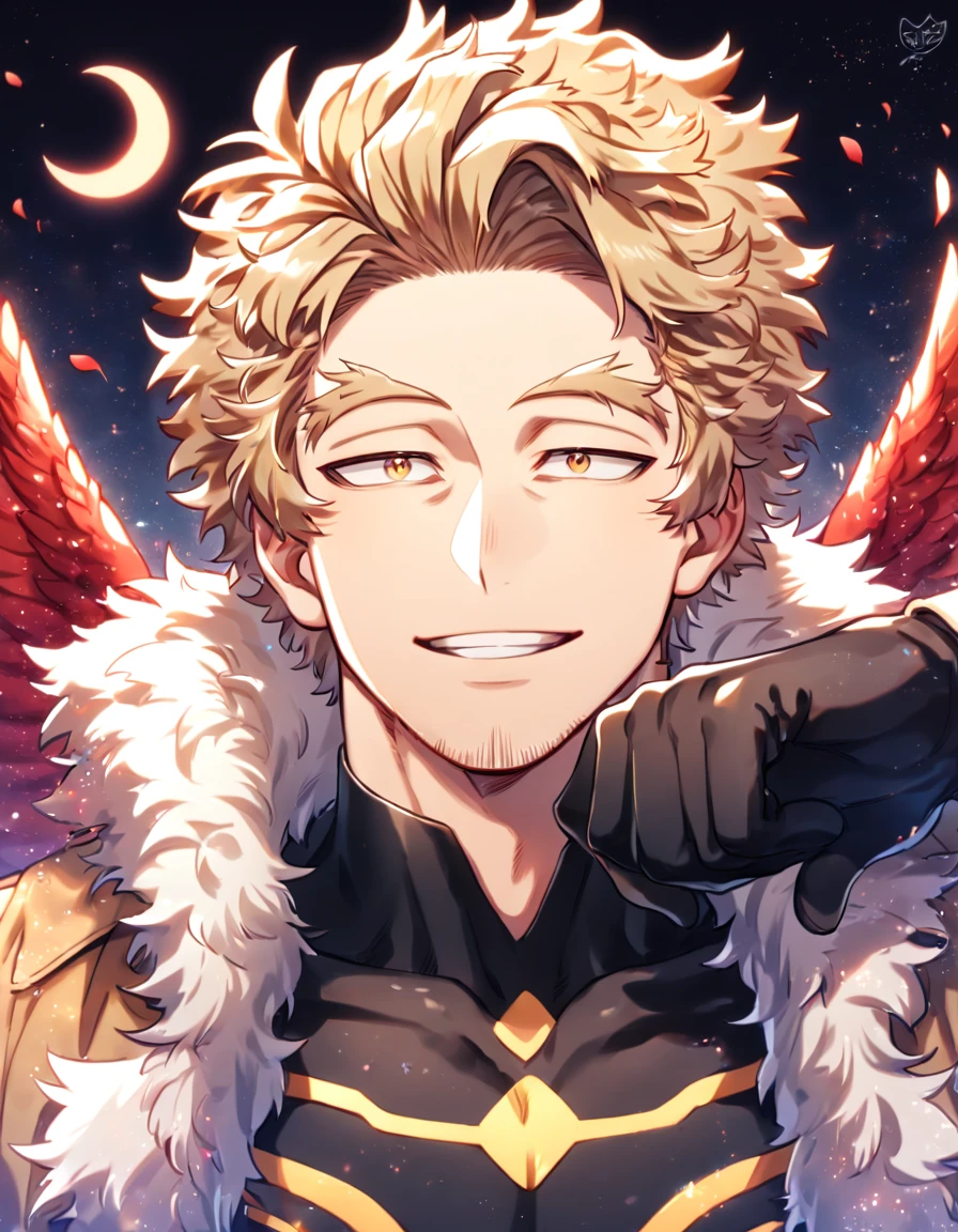 absurdres, highres, ultra detailed, HDR, master piece, Hawks, ash blond hair, expressive golden-brown eyes, faint stubble, red wings, brown coat with fur, black tight shirt, Boku No Hero Academia, black gloves, sexy man, handsome, best quality, red glittering crescent moon, red flowers, fantasy, magical, solo, water, red shining fireflies, red petals, sensual, horny, manly man, handsome smile, close up,