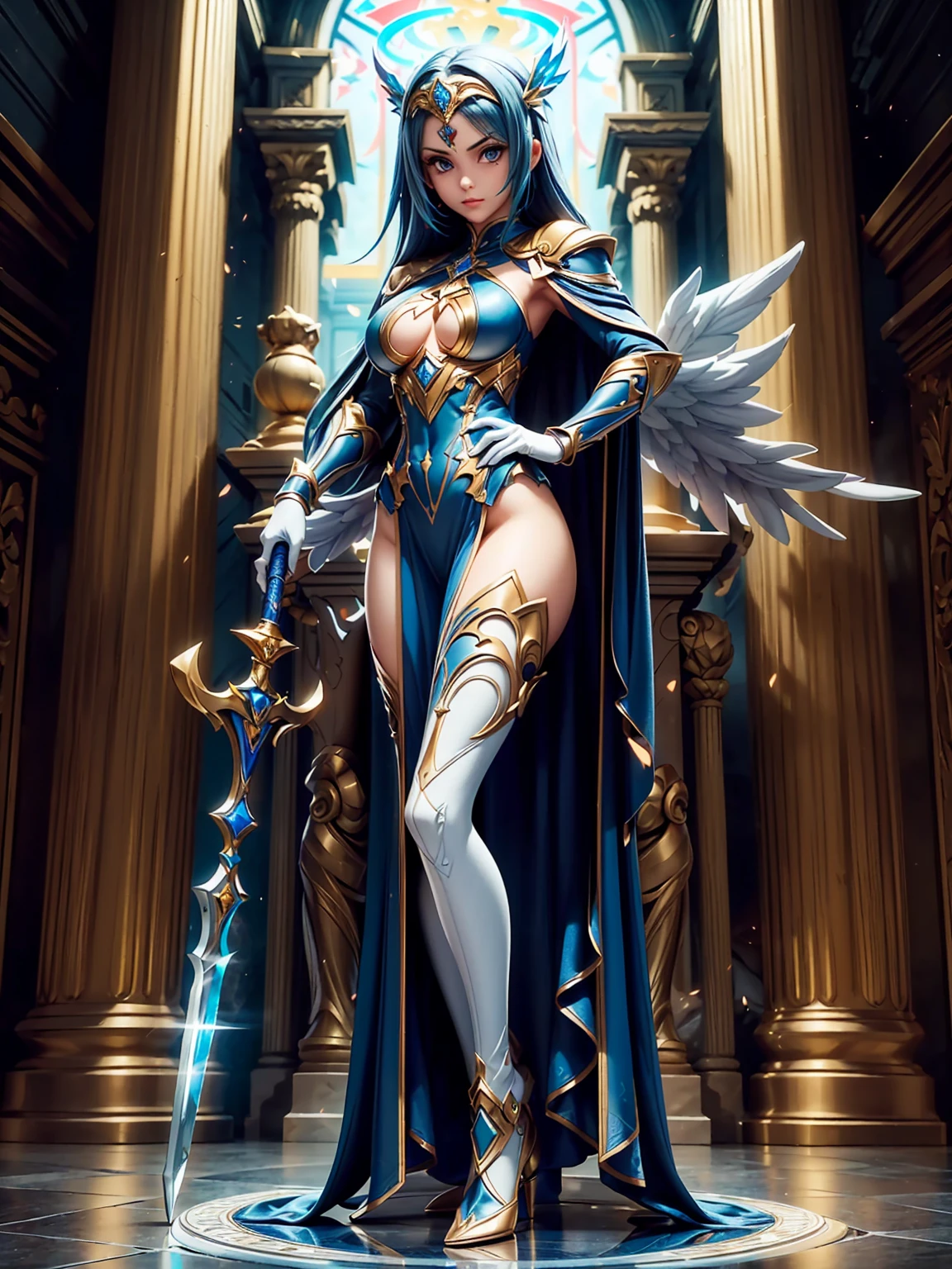 (((masterpiece, best quality, high detailed, 8k))) Design a layout showcase Gaming character, (1girl). White|Gold clothes, stylish and unique. ((showcase weapon:1.4)), holy scepter. (masterpiece:1.2), (best quality), 4k, ultra-detailed. (Step by step design, layout art:1.5), (luminous lighting, atmospheric lighting). priestess, ((glove full hands)), (((revealing clothes:1.3))), vambraces, armored legwear, (((full_body_shot:1.4))). {In a sacred temple}.
