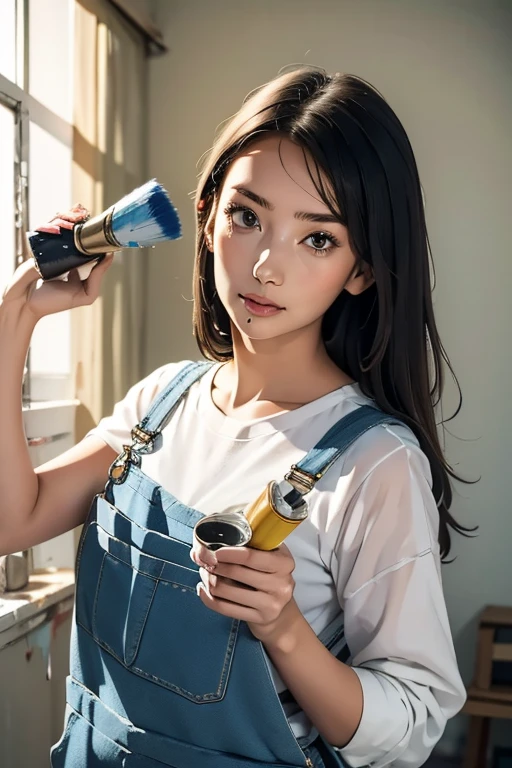 Highest quality High resolution Simple White overalls work clothes A woman holding a paint can and a brush There is a little paint on the clothes or body. Abandoned house 20 years old
