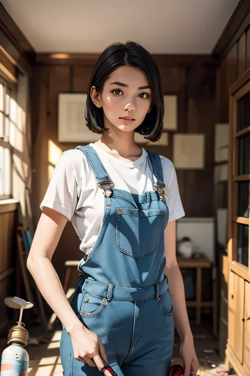 Highest quality　High resolution　Simple　White overalls work clothes　A woman holding a paint can and a brush　There is a little paint on the clothes or body.　Abandoned house　20 years old