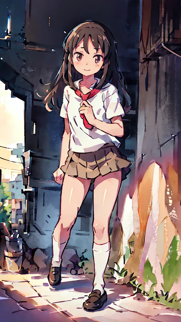 Black gal、bad、Mischievous Smile、Gal Makeup、Naughty、long hair、Blonde、Sunburn、Brown Skin、Nsfw、masterpiece, high quality, 4K, HDR,, Stable Diffusion prompt: with , wearing a white blouse and Brown skirt, white panties visible, navy socks and brown loafers, in a state of arousal and trembling with sexual climax,simple illustration style, In a nichijou (everyday life) setting
