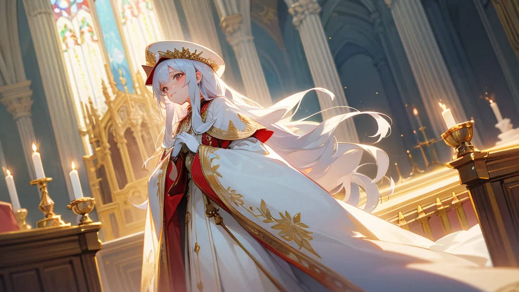 in front of the altar of a majestic church, casting judgement with magic, her voice echoing beautifully. Magic gathers around her, enveloping her in a holy aura as she chants, girl with long white hair, Classic White gown、long white embroidered gloves, pope's clothing and hat, long hair, ceremonial robes, mass vestments, enormous puffy sleeves, long cuffs with many buttons, golden embroidery, cross details, Long Train, lots of frills and lace, red capes, gently reaches out to you, gentle smile