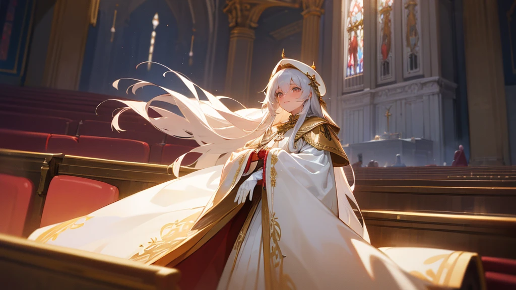 in front of the altar of a majestic church, casting judgement with magic, her voice echoing beautifully. Magic gathers around her, enveloping her in a holy aura as she chants, girl with long white hair, Classic White gown、long white embroidered gloves, pope's clothing and hat, long hair, ceremonial robes, mass vestments, enormous puffy sleeves, long cuffs with many buttons, golden embroidery, cross details, Long Train, lots of frills and lace, red capes, gently reaches out to you, gentle smile