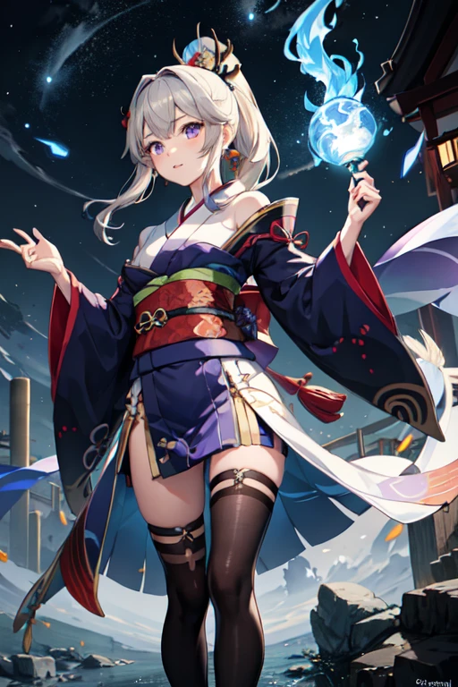 One girl, kimono, ponytail ,Gray Hair, Purple eyes, magic circle, Blue Fire, Blue Flame, wallpaper, landscape, Blood, Blood splatter, Depth of written boundary, night, Particles of light, light, Side light, Thighs, destiny \(series\), Genshin Impact, Open jacket, skirt, Knee socks, cloud