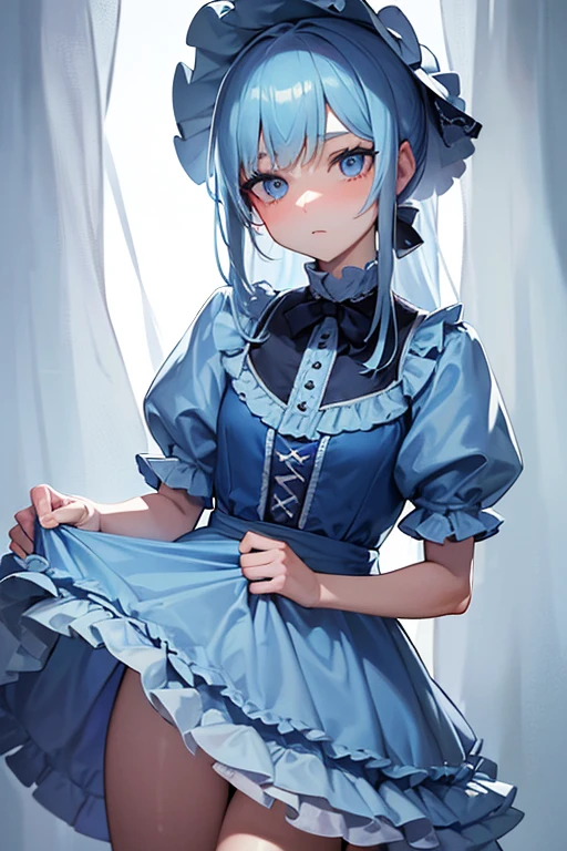 (work of art, best qualityer, Bela , absurderes:1.2), cowboy shot, fine-details, light blue lace dress with ruffles, skin detailed, eyes and face, sharp pupils, looking ahead at viewer