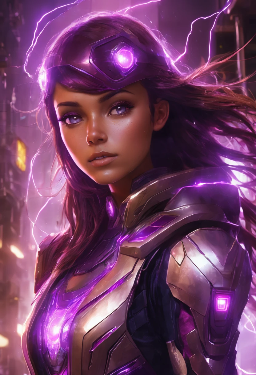 girl with purple electrical powers, purple rays coming out,, chestnut hair, eyes browns, skin tanned, body armor
