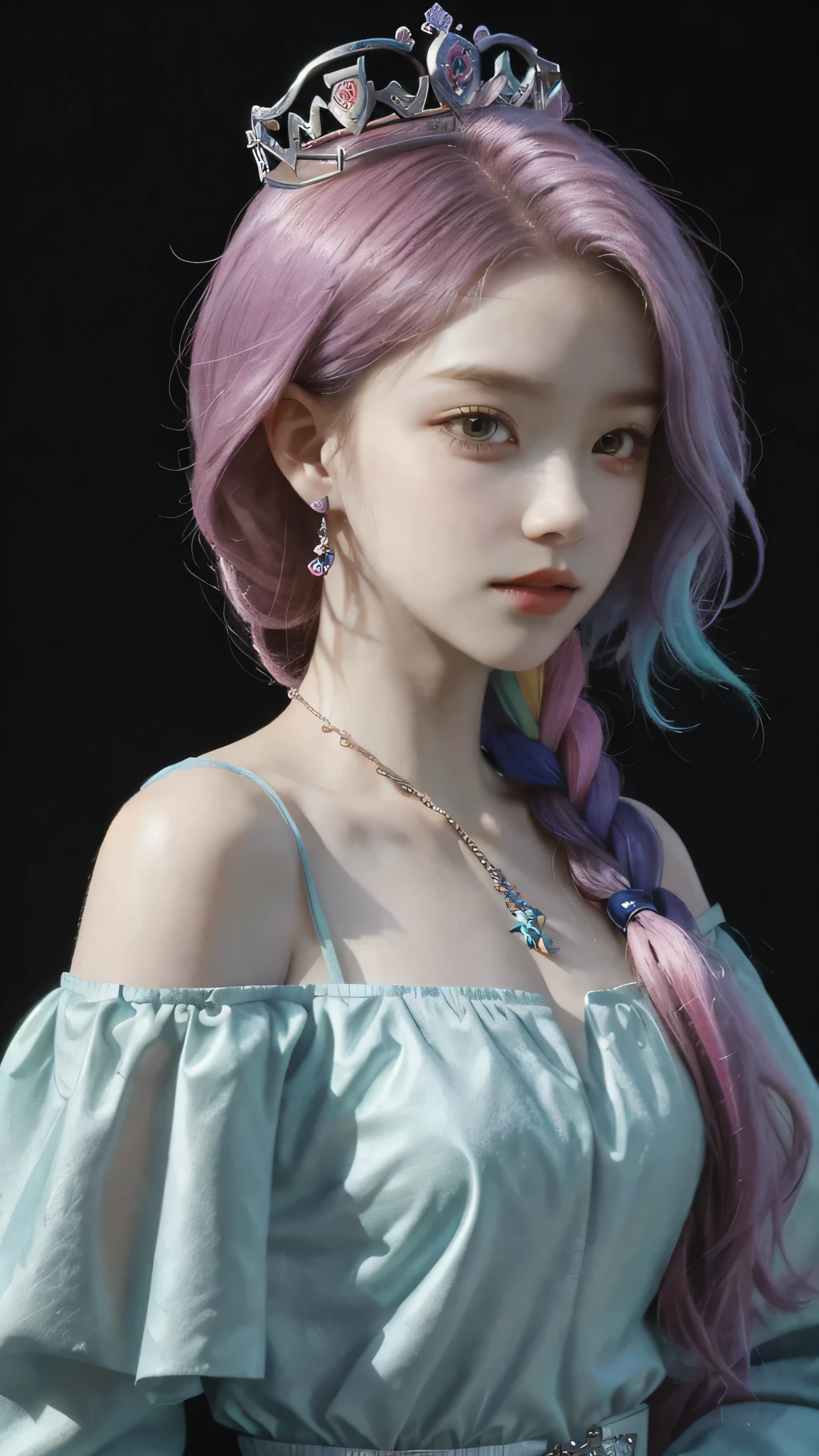 18 years old, incomparable white face, close-up of a woman, black background, hanging with colorful jewelry, off-the-shoulder clothes, colorful, fantasy art style, colorful pastel, beautiful colorful hair, cute colorful cute, anime style. 8k, beautiful and colorful, anime girl with cosmic hair, inspired by Seihiko-kun, colorful aesthetics, colorful dreams, colorful, ((beautiful fantasy queen))