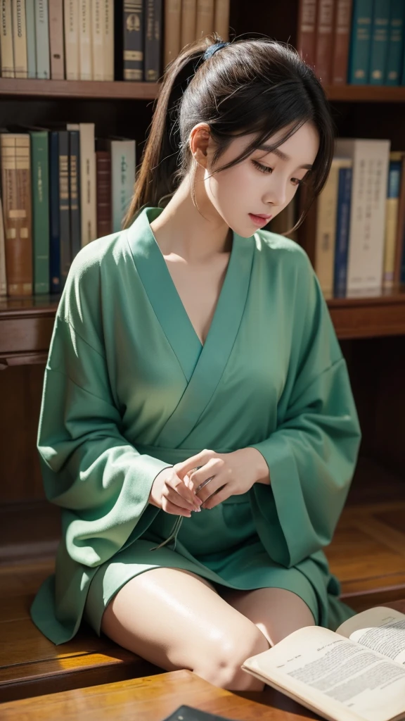 best quality,masterpiece,Ultra-high resolution,(photoactual:1.4),Chinese animation,Antique study room,a beautiful,Elegant,,Wise Girl,Bright eyes,Long hair in a single ponytail(green),Wearing Confucian robes,holding book in hand
