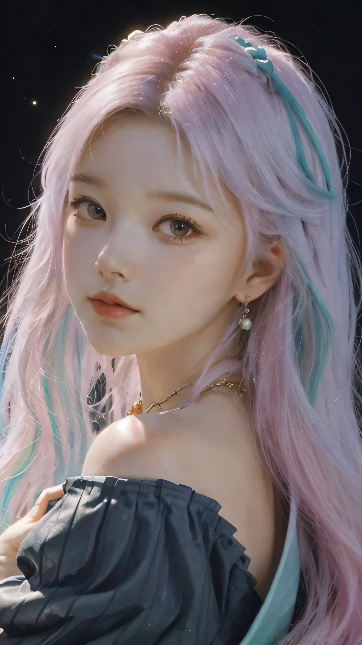18 years old, incomparable white face, close-up of a woman, black background, hanging with colorful jewelry, off-the-shoulder clothes, colorful, fantasy art style, colorful pastel, beautiful colorful hair, cute colorful cute, anime style. 8k, beautiful and colorful, anime girl with cosmic hair, inspired by Seihiko-kun, colorful aesthetics, colorful dreams, colorful, ((beautiful fantasy queen))