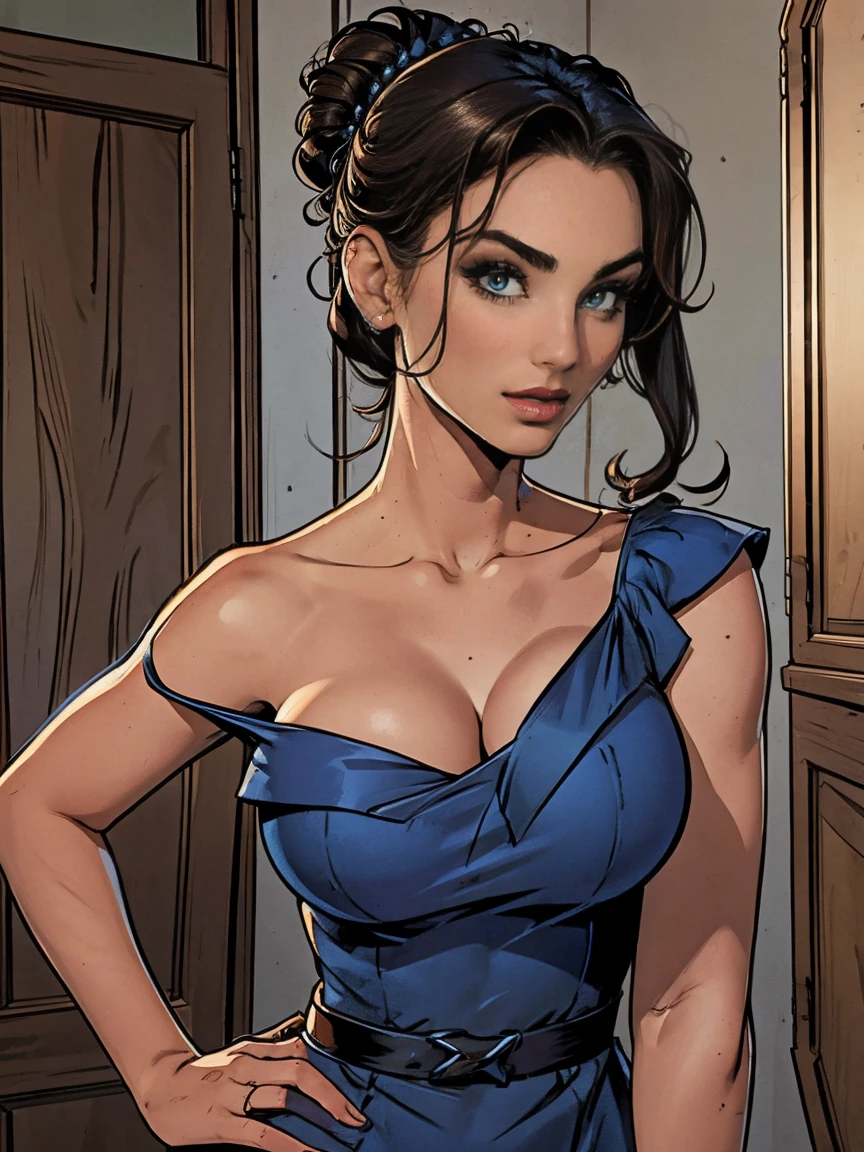 Gorgeous and sultry busty athletic (thin) brunette with sharp facial features wearing a dark blue off-shoulder sleeveless dress, updo