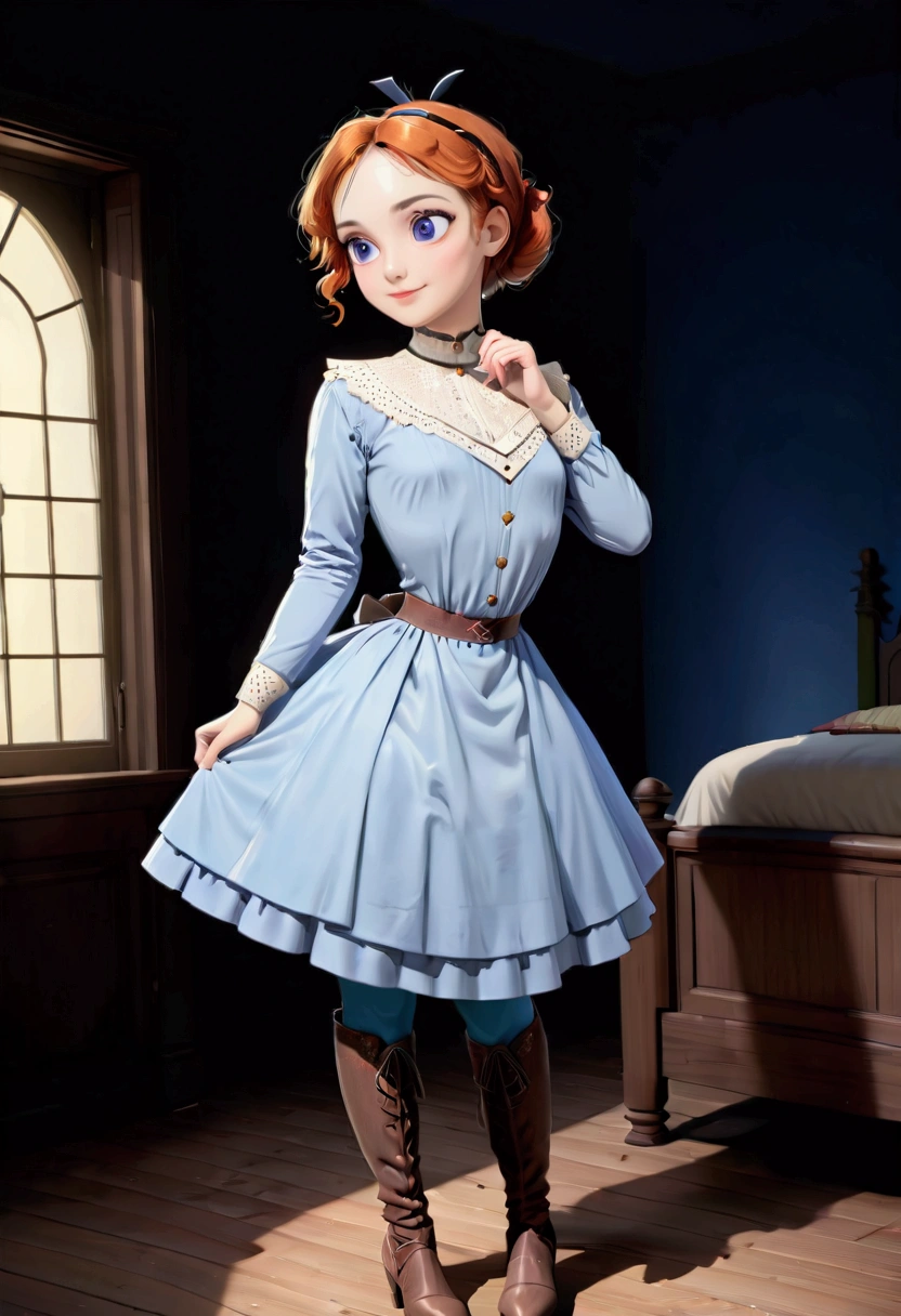 (AliceWonderlandWaifu:1), cute, smile,(dress:1.2), sexy pose, looking at viewer, (small breast:1.4), curvy, thighhighs, Edwardian fashions, high-collar long sleeve shirtwaist, skirt, petticoats, silk stockings, boots 
(realistic:1.2), (realism), (masterpiece:1.2), (best quality), (ultra detailed), (8k, 4k, intricate),(full-body-shot:1),(Cowboy-shot:1.2), (85mm),light particles, lighting, (highly detailed:1.2),(detailed face:1.2), (gradients), sfw, colorful, detailed eyes,
(detailed landscape, Edwardian bedroom at night, ray traced light),(detailed background), (dynamic angle:1.2), (dynamic pose:1.2), (rule of third_composition:1.3), (Line of action:1.2), wide shot, solo, moonlight, large window
