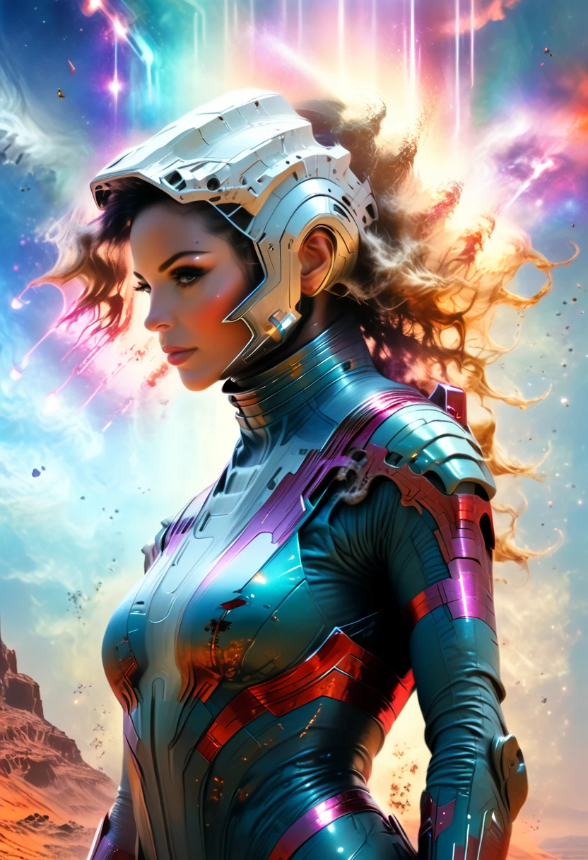 space woman standing on the edge of horizon looking at the view and viewer, sci fi art style of the masters,