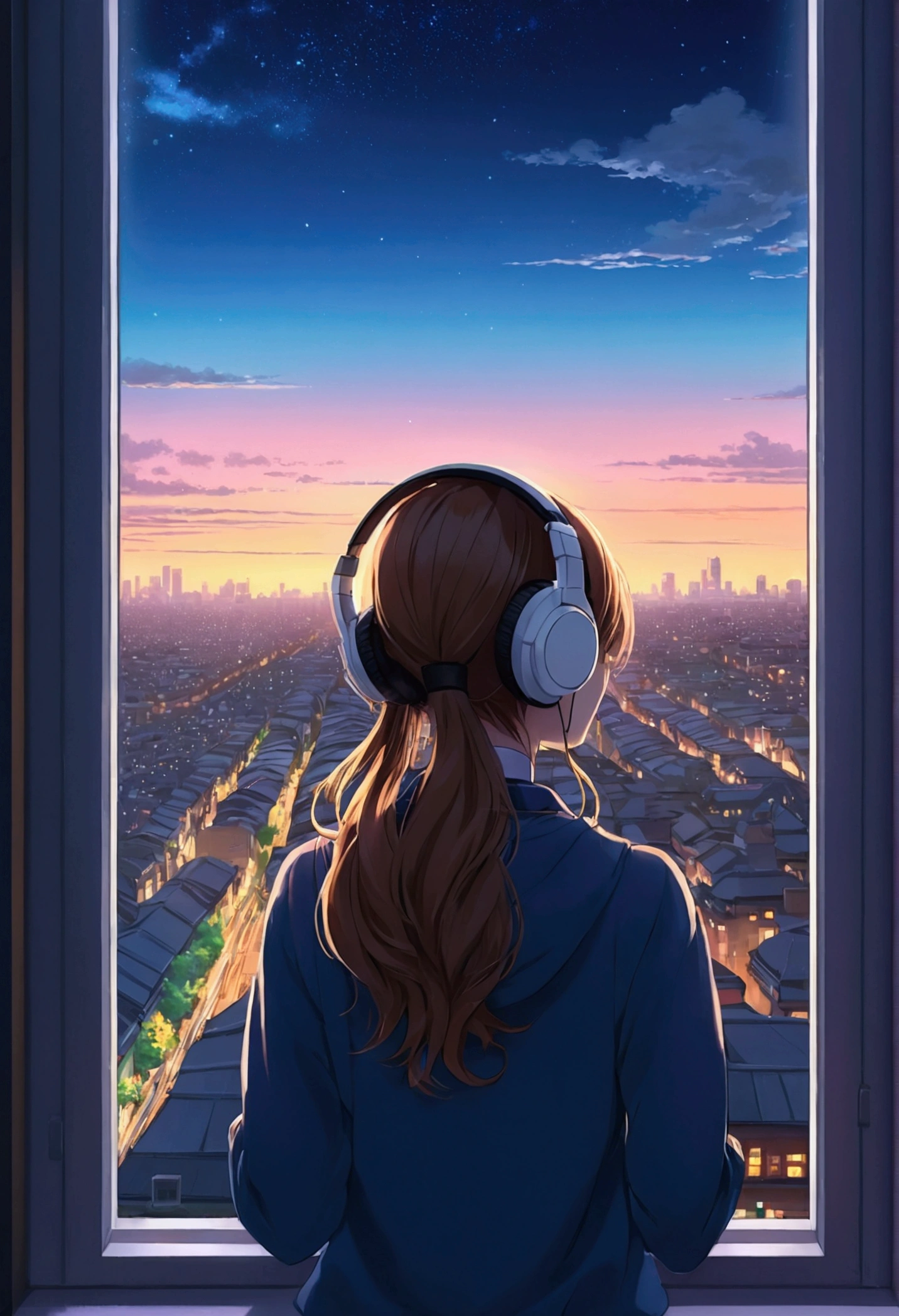 Anime girl wearing headphones looking out the window at the city, LOFI Girl, Anime atmosphere, Lofi Artstyle, Anime Style 4k, Anime Aesthetics, Nightcore, Lo-fi feeling, Lofi Art, anime art wallpaper 4k, anime art wallpaper 4k, anime wallpaper 4k, anime wallpaper 4k, An atmosphere of praise