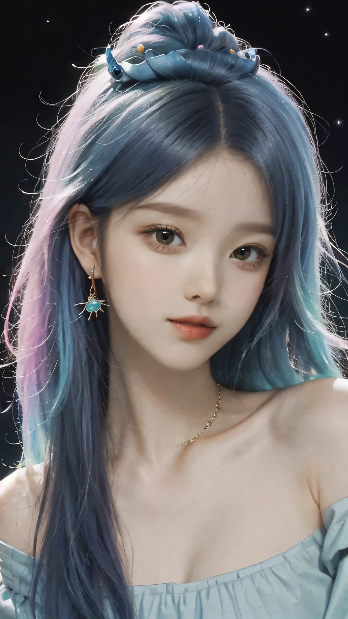 18 years old, incomparable white face, close-up of a woman, black background, hanging with colorful jewelry, off-the-shoulder clothes, colorful, fantasy art style, colorful pastel, beautiful colorful hair, cute colorful cute, anime style. 8k, beautiful and colorful, anime girl with cosmic hair, inspired by Seihiko-kun, colorful aesthetics, colorful dreams, colorful, ((beautiful fantasy queen))