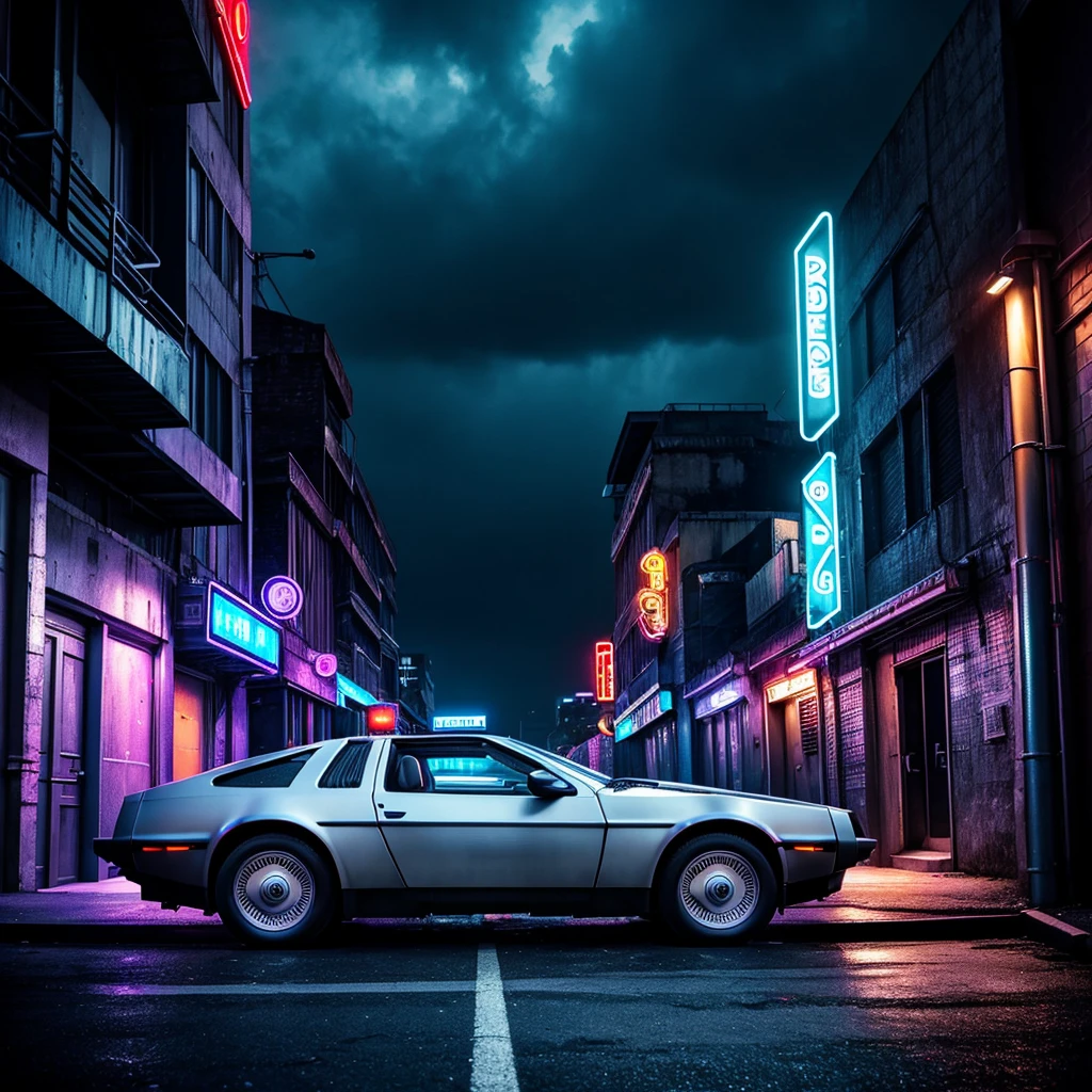 Digital artwork, moody cityscape, DMC Delorean futuristic car with neon led lights side view, night setting, deserted retro alleyway, vibrant tones, neon retro style
