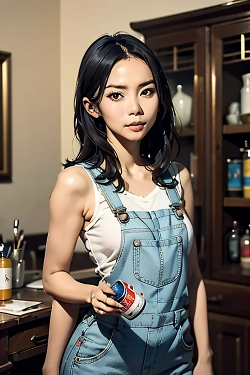 Highest quality　High resolution　Simple　White overalls work clothes　Chinese woman holding a paint can and a brush　There is a little paint on the clothes or body.　Abandoned house　20 years old
