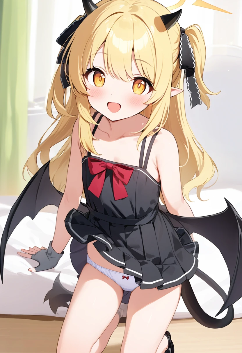 Ibuki \(Blue Archive\),Yellow Eyes,Pointed Ears,Blonde,Long Hair,One side up,Hello,Black Hair Ribbon,horn,(tail,Low Wing:1.2),(Black Dress:1.2),Exposing shoulders,Grey gloves,Mary Jane、Full body portrait、One girl、Skirt flip、((White panties))、((White girls panties))