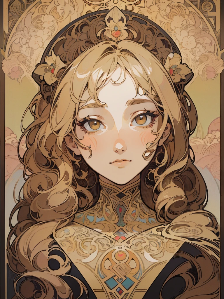 European woman face portrait, Long and curly hair, rubio, flower frame, Decorative panel, Abstract art, by Alphonse Mucha (masterpiece, of the highest quality, High resolution: 1.4), detailed, intricate details, 4k, color splash, Line art, Fibonacci, In underwear