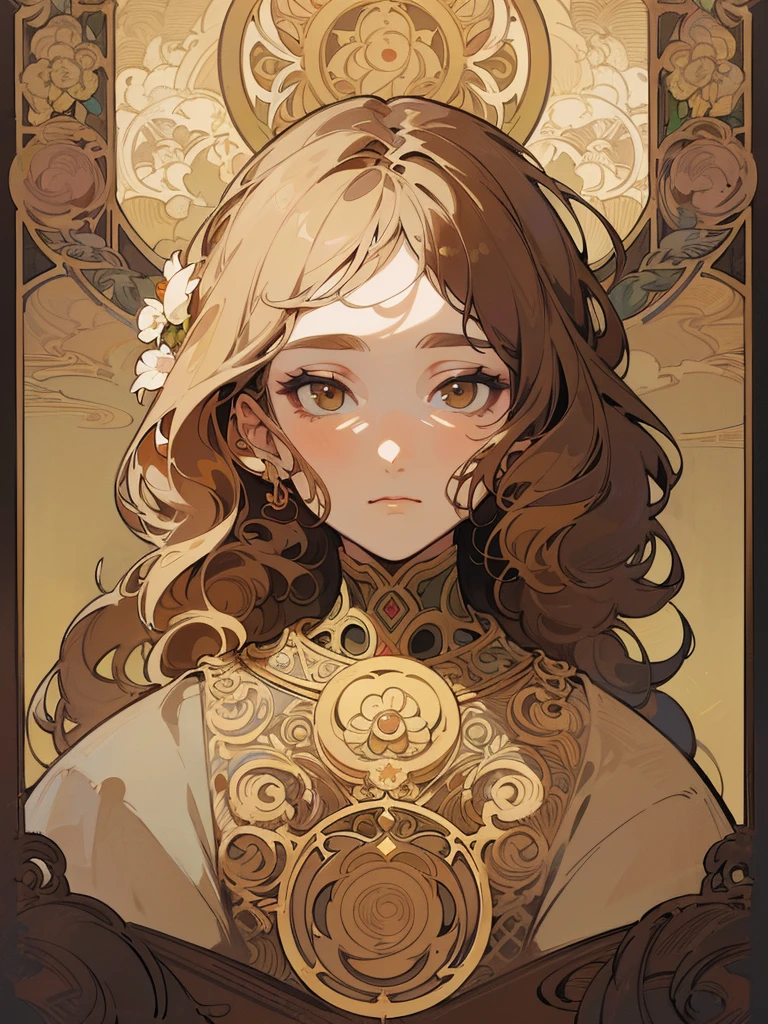 European woman face portrait, Long and curly hair, rubio, flower frame, Decorative panel, Abstract art, by Alphonse Mucha (masterpiece, of the highest quality, High resolution: 1.4), detailed, intricate details, 4k, color splash, Line art, Fibonacci, In underwear