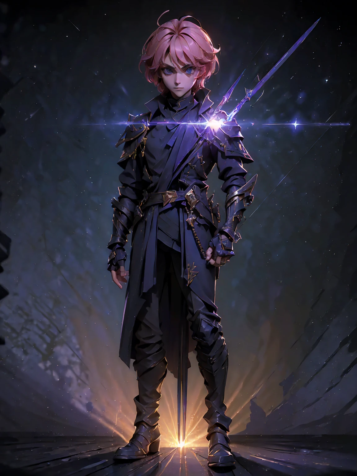 Design a layout showcase Gaming character, (1boy). Golden+Purple clothes, stylish and unique. ((showcase weapon:1.4)), magic staff. (masterpiece:1.2), (best quality), 4k, ultra-detailed. (Step by step design, layout art:1.5), (luminous lighting, atmospheric lighting). magican, ((glove full hands)), (((revealing clothes:1.3))), vambraces, armored legwear, (((full_body_shot:1.4))).
