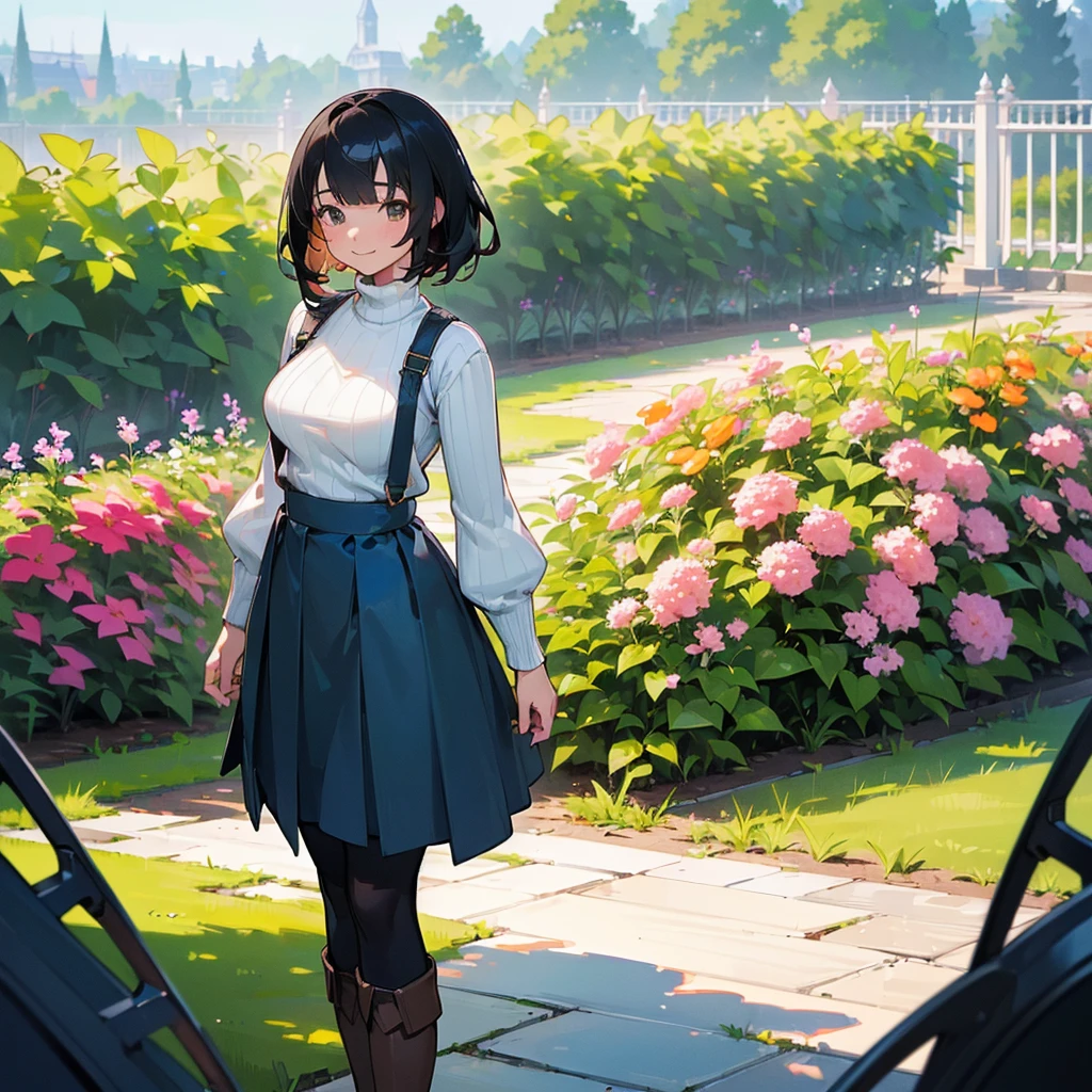 (high quality, High resolution, Very detailed, reality:1.37), Peaceful atmosphere, (Outdoor, garden), Teenage girl standing alone, (my breasts are big.), Beautiful details, Cute Smile, (Black bob hair), Ribbed sweater, Blue Skirt, Black tights, Brown boots.