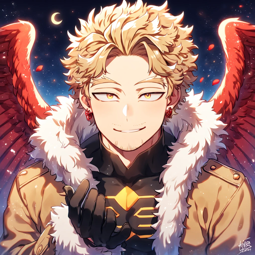 absurdres, highres, ultra detailed, HDR, master piece, Hawks, ash blond hair, expressive golden-brown eyes, faint stubble, red wings, brown coat with fur, black tight shirt, red earring, yellow visor, Boku No Hero Academia, black gloves, sexy man, handsome, best quality, red glittering crescent moon, red flowers, fantasy, magical, solo, water, red shining fireflies, red petals, sensual, horny, manly man, handsome smile,
