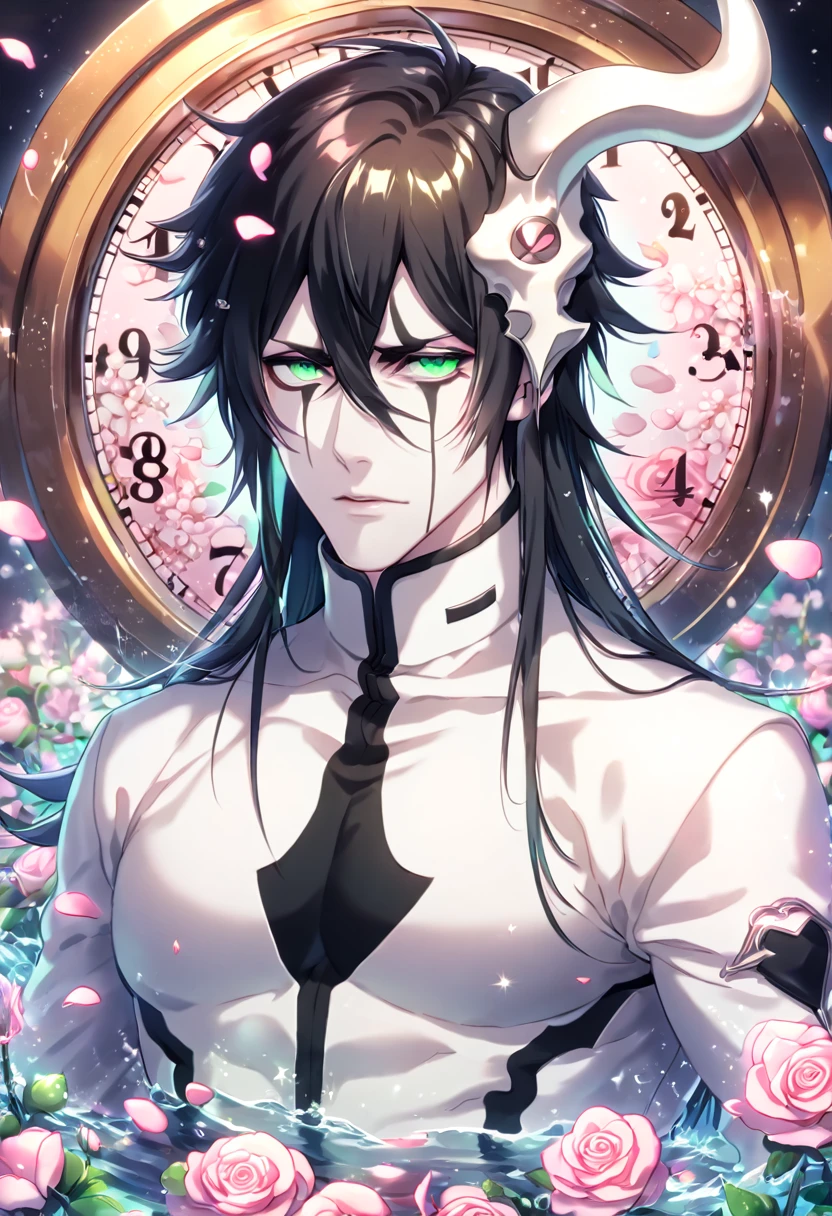 absurdres, highres, ultra detailed, HDR, masterpiece, extremely detailed, Ulquiorra Cifer, black hair, pale skin, expressive green eyes, Bleach, solo, sexy man, handsome, sensual, arrancar white clothes, water, magical, fantasy, glittering, shining, pink roses, blossoms, petals, in woderland, clock, manly man