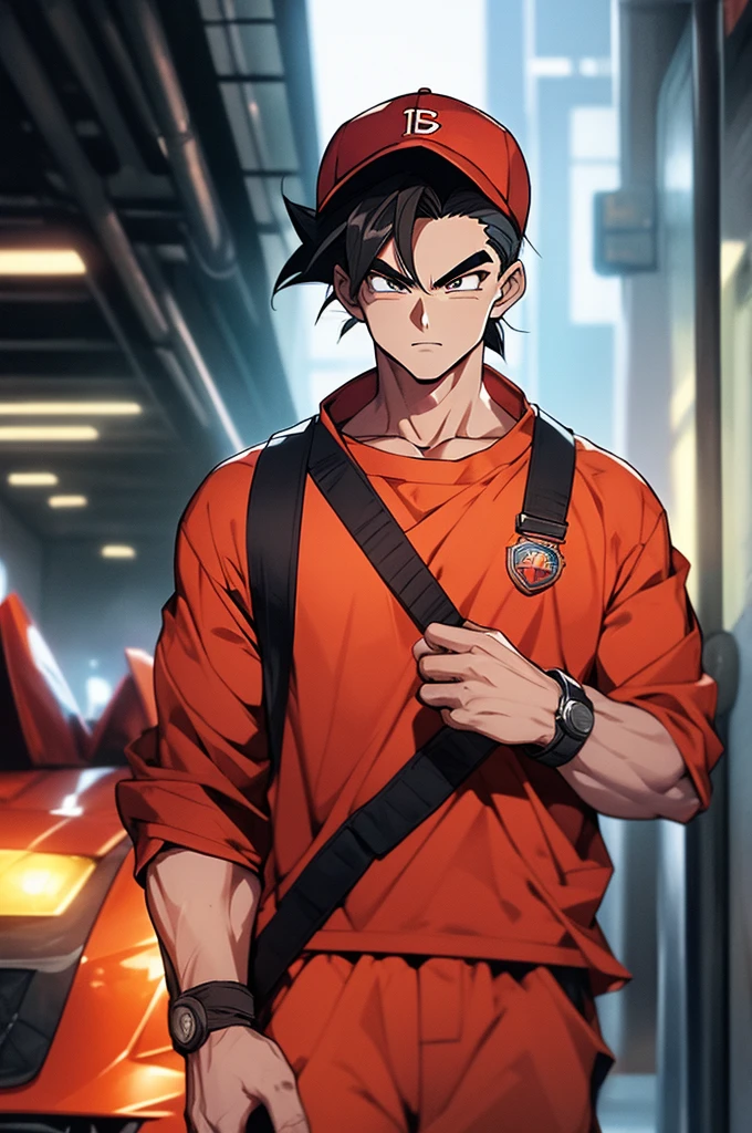 Man dark hair dark eyes, Short hair, dragon ball cap, Goku suit, red background.