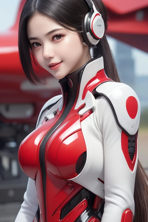 Top Quality, Masterpiece, Ultra High Resolution, (Photorealistic: 1.4), Raw Photo, 1 Girl, Black Hair, Glossy Skin, 1 Mechanical Girl, (((Ultra Realistic Details)), Portrait, Global Illumination, Shadows, Octane Rendering, 8K, Ultra Sharp, Intricate Ornaments Details, realistic skin, sweat effect, ((wearing Headphone)), very intricate detail, realistic light, CGSoation trend, brown eyes, glowing eyes, matte red and glossy white mechanical bodysuit, Long hair, black hair, Ponytail hair, Half body shot, spaceship bridge background, dynamic pose, cute smile, close up, Open Mouth, 