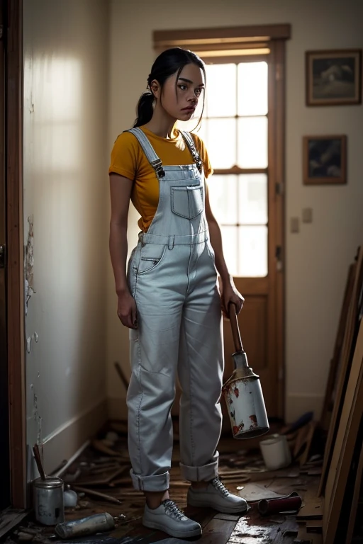 Highest quality　High resolution　Simple　White overalls work clothes　A woman holding a paint can and a brush　There is a little paint on the clothes or body.　Abandoned house