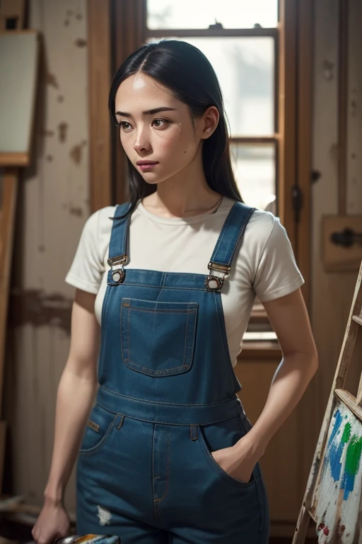 Highest quality　High resolution　Simple　White overalls work clothes　A woman holding a paint can and a brush　There is a little paint on the clothes or body.　Abandoned house