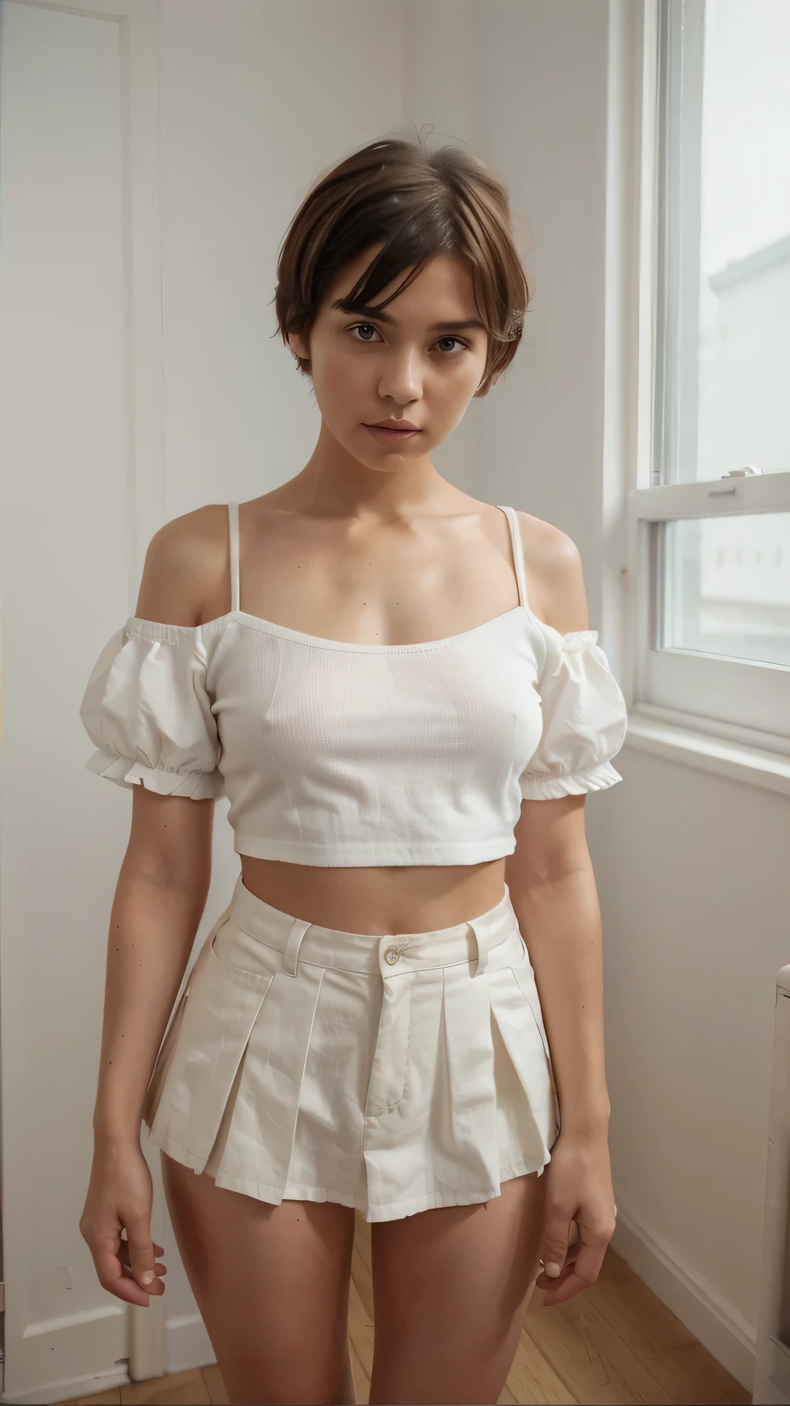 Fashion photography of 1girl, natural skin texture, fluffy short hair, White shirt, pleated skirt, realistic photo, Polaroid, vibrant details, finely detailed, (full body:0.6), wide angle, dutch angle