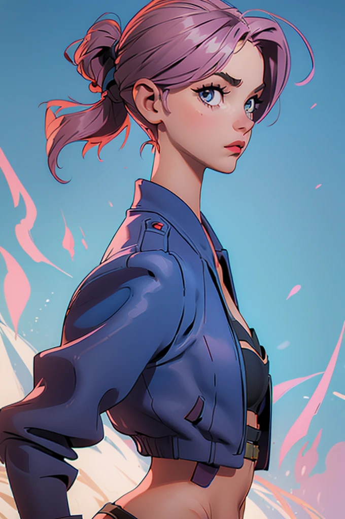 upper body, 1girl, (AngelMs:1.4), large breasts, panties, midriff, facing side, looking at viewer, (cleavage), cropped jacket