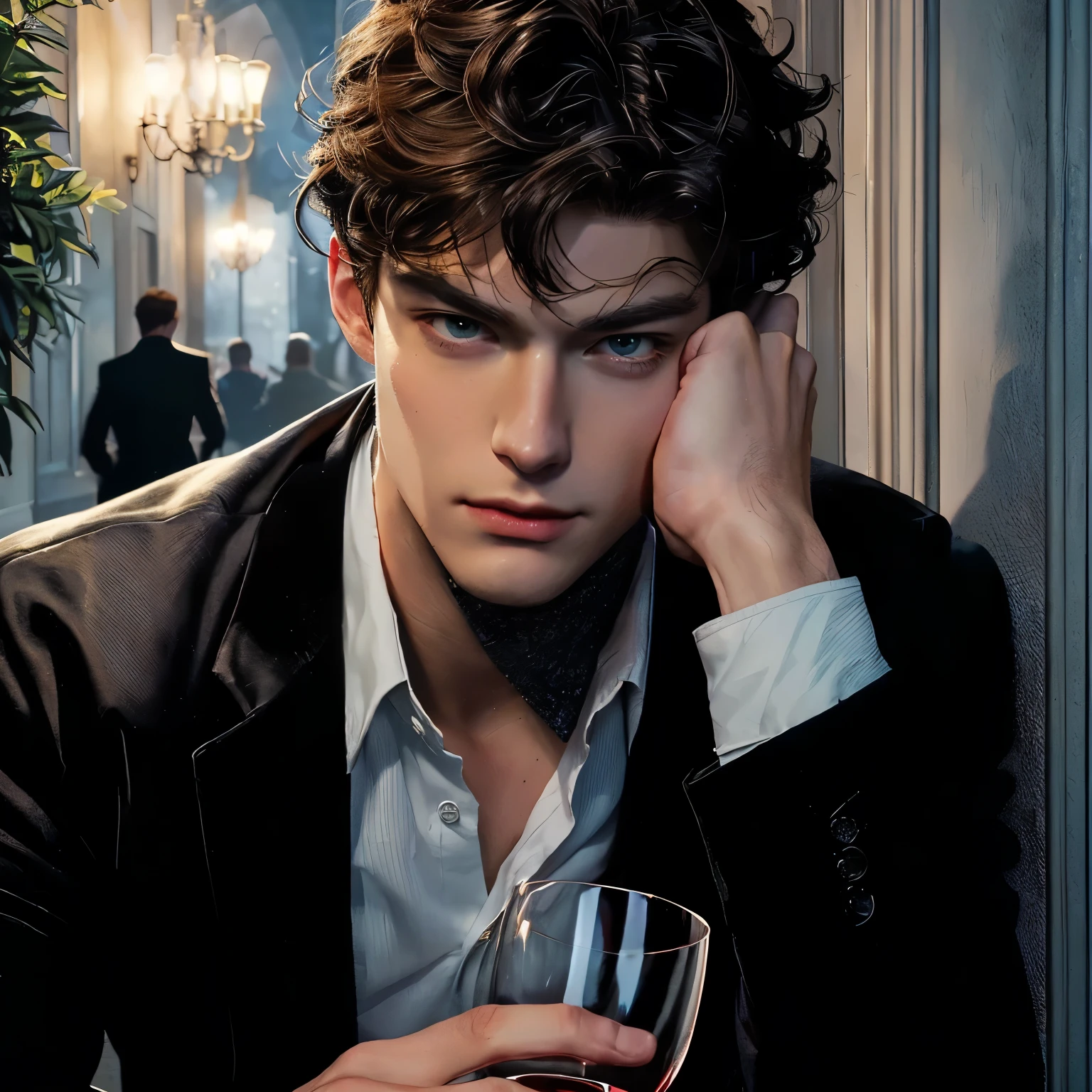 a closeup of a man holding a glass of wine, Handsome boy in Demon Slayer art, Peter Parker, Edmund Blair y Charlie Bowater, beautiful detailed face, handsome stunning realistic, Charlie Bowater Style, Martin then, Martin then artwork portrait, handsome man, Profile picture, Detailed character portrait, adam hughes, by Ignacio Zuloaga