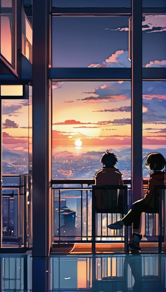 anime couple sitting on a balcony watching the sunset, Watching the sunset. anime, Lofi Artstyle, anime background art, anime style cityscape, beautiful anime scene, Lofi Art, In the style of Makoto Shinkai, 4K Manga Wallpapers, Makoto Shinkai Cyril Rolland, hd anime cityscape, Landscapes by Ilya Kuvshinov, 4k anime wallpaper