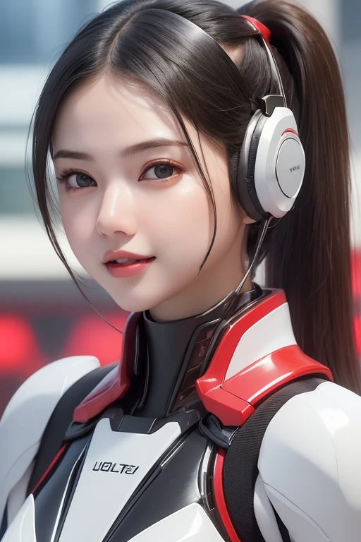 Top Quality, Masterpiece, Ultra High Resolution, (Photorealistic: 1.4), Raw Photo, 1 Girl, Black Hair, Glossy Skin, 1 Mechanical Girl, (((Ultra Realistic Details)), Portrait, Global Illumination, Shadows, Octane Rendering, 8K, Ultra Sharp, Intricate Ornaments Details, realistic skin, sweat effect, ((wearing Headphone)), very intricate detail, realistic light, CGSoation trend, brown eyes, glowing eyes, matte red and glossy white mechanical bodysuit, Long hair, black hair, Ponytail hair, Half body shot, spaceship bridge background, dynamic pose, cute smile, close up, Open Mouth, 