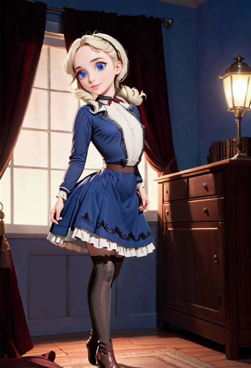 (AliceWonderlandWaifu:1), cute, smile,(dress:1.2), sexy pose, looking at viewer, (small breast:1.4), curvy, thighhighs, Edwardian fashions, high-collar long sleeve shirtwaist, skirt, petticoats, silk stockings, boots, long blonde hair, big blue eyes, red lips 
(realistic:1.2), (realism), (masterpiece:1.2), (best quality), (ultra detailed), (8k, 4k, intricate),(full-body-shot:1),(Cowboy-shot:1.2), (85mm),light particles, lighting, (highly detailed:1.2),(detailed face:1.2), (gradients), nsfw, colorful, detailed eyes,
(detailed landscape, Edwardian bedroom at night, ray traced light),(detailed background), (dynamic angle:1.2), (dynamic pose:1.2), (rule of third_composition:1.3), (Line of action:1.2), wide shot, solo, moonlight, large window
