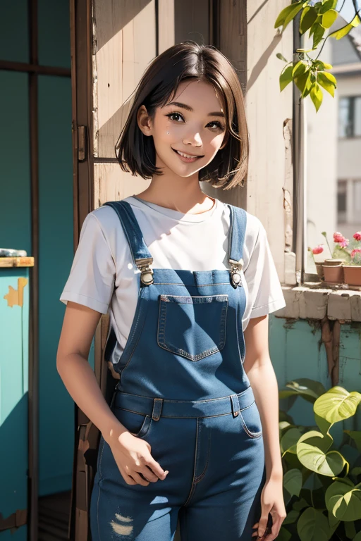 Highest quality　High resolution　Simple　White overalls work clothes　A woman holding a paint can and a brush　There is a little paint on the clothes or body.　Abandoned house　20 years old　cute　smile