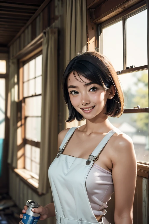 Highest quality High resolution Simple White overalls work clothes A woman holding a paint can and a brush There is a little paint on the clothes or body. Abandoned house 20 years old cute smile