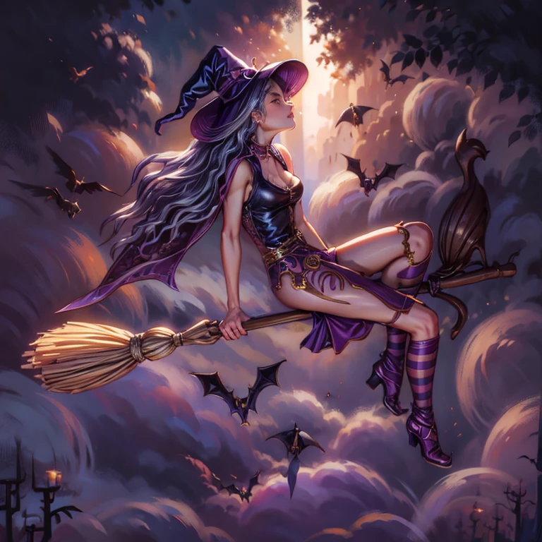 a surreal photograph, a beautiful, mischievous witch flying on a broomstick through a pastry shop among mountains of chocolate and marshmallows, sitting on a broom, leaning back, leaning on her hands, half turned to the viewer, in a stunning dress with a slit to the thigh, she has long legs, she is very sexy, very bitchy, with the right anatomy, aesthetic
