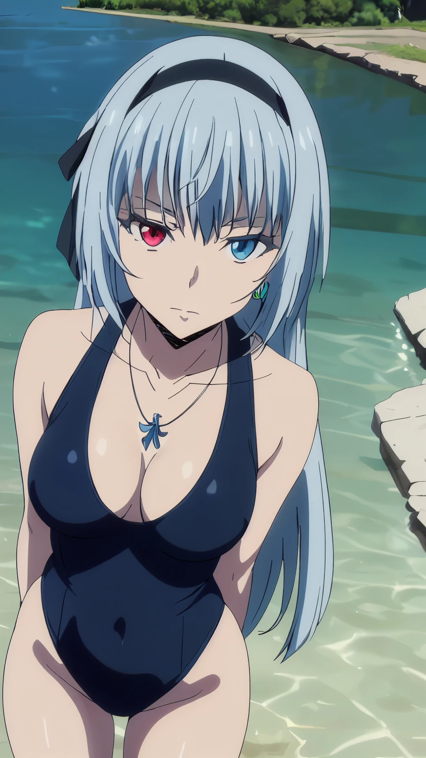 (masterpiece, highest quality, 8k:1.2), 1girl, Luminous, tensura, beautiful detailed eyes, Heterochromia, red eyes, blue eyes, bangs, silver hair, long hair, hair ribbon, hair band, jewelry, necklace, collarbone, (one-piece swimsuit,lake:1.2), Cowboy shot, Dynamic pose,