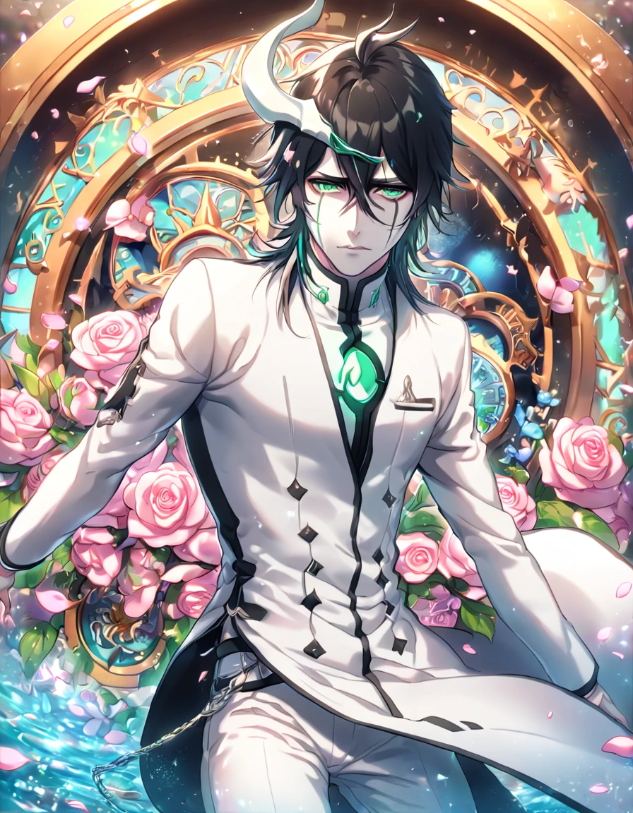 absurdres, highres, ultra detailed, HDR, masterpiece, extremely detailed, Ulquiorra Cifer, black hair, pale skin, expressive green eyes, Bleach, solo, sexy man, handsome, sensual, arrancar white clothes, water, magical, fantasy, glittering, shining, pink roses, blossoms, petals, in woderland, clock, manly man
