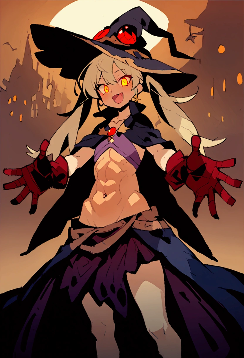 Witch Girl、alone、Black Cape、skirt、Short top、Toned Abs、belly button、Beige hair、Long Hair、Twin tails、Super detailed、Highest quality、masterpiece、Red glowing eyes、smile、Open Mouth、Double teeth、gloves、coat、cartoon、toned body、Wearing a hat、mesugaki、With arms outstretched