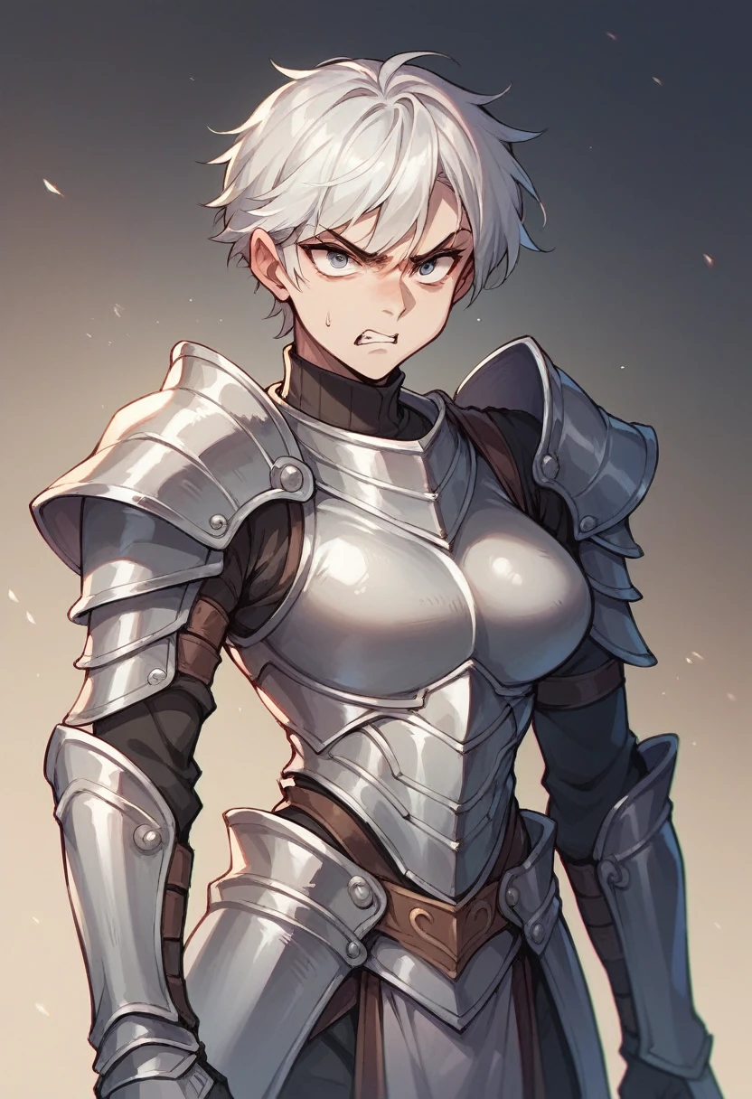 woman controlling metal with her mind, white hair look angry, silver armor