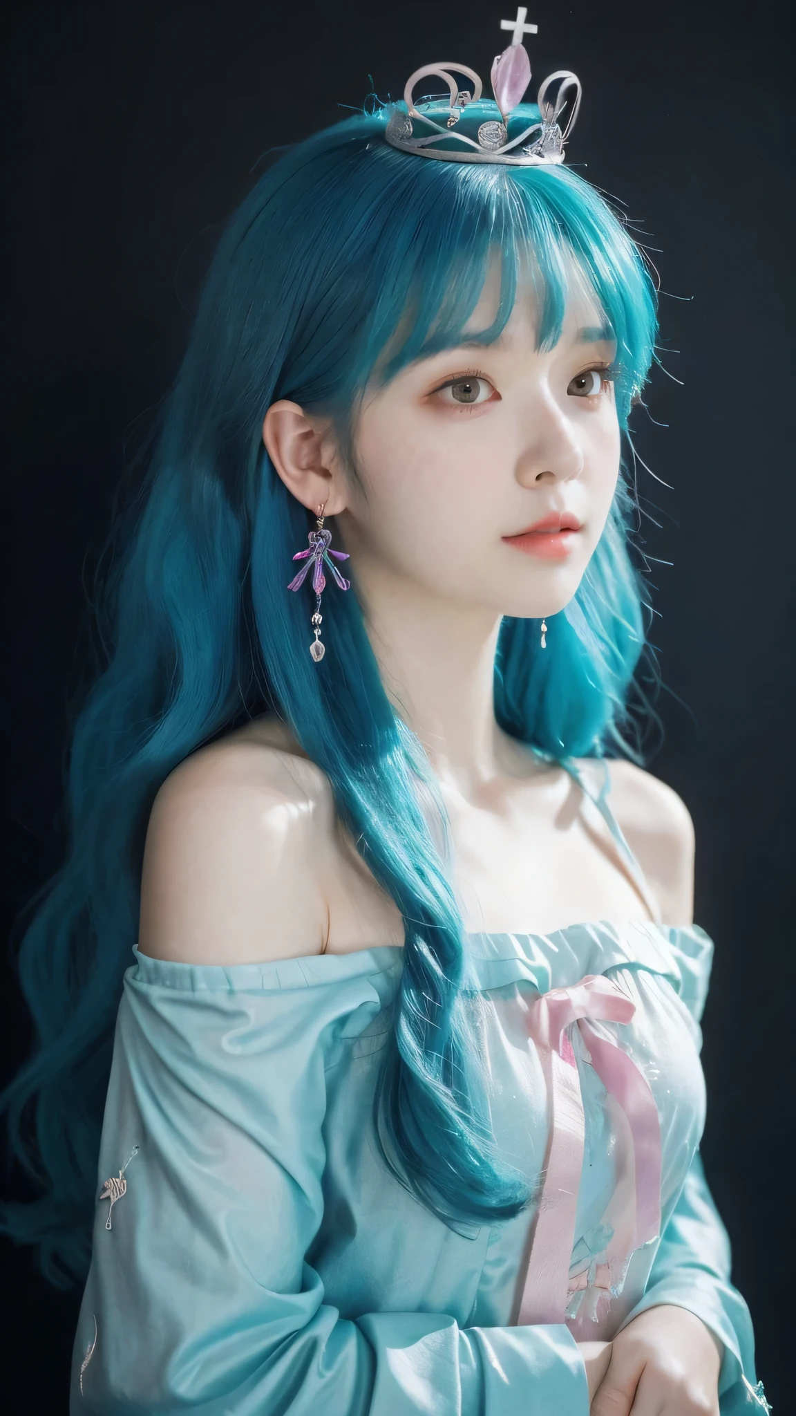 18 years old, incomparable white face, close-up of a woman, black background, hanging with colorful jewelry, off-the-shoulder clothes, colorful, fantasy art style, colorful pastel, beautiful colorful hair, cute colorful cute, anime style. 8k, beautiful and colorful, anime girl with cosmic hair, inspired by Seihiko-kun, colorful aesthetics, colorful dreams, colorful, ((beautiful fantasy queen))