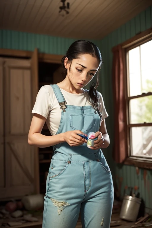Highest quality　High resolution　Simple　White overalls work clothes　A woman holding a paint can and a brush　There is a little paint on the clothes or body.　Abandoned house