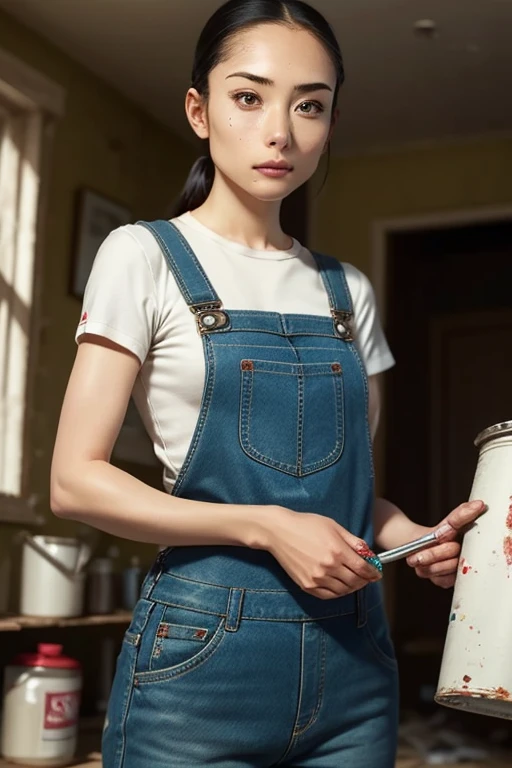 Highest quality High resolution Simple White overalls work clothes A woman holding a paint can and a brush There is a little paint on the clothes or body. Abandoned house